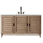 James Martin Vanities Portland 60" Free Standing Single Basin Hardwood Vanity Set with 3 cm Ethereal Noctis Quartz Vanity Top, Rectangular Sink, USB Port and Electrical Outlet Whitewashed Walnut
