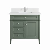 James Martin Vanities Brittany 36" Single Basin Poplar Wood Vanity Set with 3cm White Zeus Silestone Quartz Vanity Top, Backsplash and Rectangular Sink Smokey Celadon