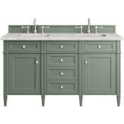James Martin Vanities Brittany 60" Double Basin Poplar Wood Vanity Set with 3 cm Pearl Jasmine Quartz Vanity Top and Rectangular Sinks Smokey Celadon