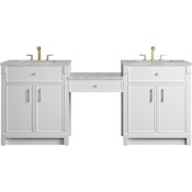 James Martin Vanities Bellshire 84" Dual Vanity Set with 24" Make-Up Counter, Honey Oak with 3 cm Victorian Silver Silestone Top Bright White