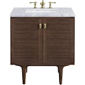 James Martin Vanities Amberly 30" Free Standing or Wall Mounted Single Basin Vanity Set with 3cm Carrara White Natural Stone Vanity Top and Rectangular Sink Mid-Century Walnut