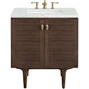 James Martin Vanities Amberly 30" Free Standing or Wall Mounted Single Basin Vanity Set with 3cm Ethereal Noctis Quartz Vanity Top and Rectangular Sink Mid-Century Walnut