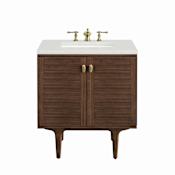 James Martin Vanities Amberly 30" Single Basin Wood Vanity Set with 3cm Lime Delight Silestone Quartz Vanity Top, Rectangular Sink, USB Port and Electrical Outlet Mid-Century Walnut