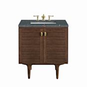 James Martin Vanities Amberly 30" Single Basin Wood Vanity Set with 3cm Parisien Bleu Silestone Quartz Vanity Top, Rectangular Sink, USB Port and Electrical Outlet Mid-Century Walnut