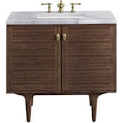James Martin Vanities Amberly 36" Free Standing or Wall Mounted Single Basin Vanity Set with 3cm Carrara White Natural Stone Vanity Top and Rectangular Sink Mid-Century Walnut