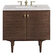 James Martin Vanities Amberly 36" Free Standing or Wall Mounted Single Basin Vanity Set with 3cm Pearl Jasmine Quartz Vanity Top and Rectangular Sink Mid-Century Walnut