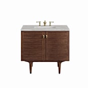 James Martin Vanities Amberly 36" Single Basin Wood Vanity Set with 3cm Victorian Silver Silestone Quartz Vanity Top, Rectangular Sink, USB Port and Electrical Outlet Mid-Century Walnut