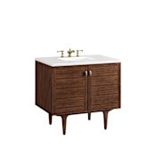 James Martin Vanities Amberly 36" Single Basin Vanity Set with 3cm White Zeus Quartz Vanity Top, Rectangular Sink, USB Port and Electrical Outlet Mid-Century Walnut
