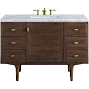 James Martin Vanities Amberly 48" Free Standing or Wall Mounted Single Basin Vanity Set with 3cm Carrara White Natural Stone Vanity Top and Rectangular Sink Mid-Century Walnut