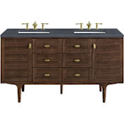 James Martin Vanities Amberly 60" Free Standing or Wall Mounted Double Basin Vanity Set with 3cm Charcoal Soapstone Quartz Vanity Top and Rectangular Sinks Mid-Century Walnut