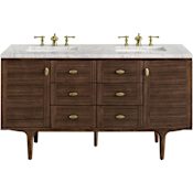 James Martin Vanities Amberly 60" Free Standing or Wall Mounted Double Basin Vanity Set with 3cm Pearl Jasmine Quartz Vanity Top and Rectangular Sinks Mid-Century Walnut