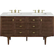 James Martin Vanities Amberly 60" Free Standing or Wall Mounted Double Basin Vanity Set with 3cm Ethereal Noctis Quartz Vanity Top and Rectangular Sinks Mid-Century Walnut