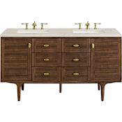 James Martin Vanities Amberly 60" Wall Mounted or Free Standing Double Basin Rubberwood Vanity Set with Stone Composite Top, Rectangular Sinks, USB Port(s), and Electrical Outlet(s) Mid-Century Walnut