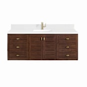 James Martin Vanities Amberly 60" Single Basin Wood Vanity Set with 3cm White Zeus Silestone Quartz Vanity Top, Backsplash, Rectangular Sink, USB Port and Outlet Mid-Century Walnut