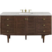 James Martin Vanities Amberly 60" Free Standing or Wall Mounted Single Basin Vanity Set with 3cm Pearl Jasmine Quartz Vanity Top and Rectangular Sink Mid-Century Walnut