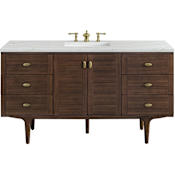 James Martin Vanities Amberly 60" Free Standing or Wall Mounted Single Basin Vanity Set with 3cm Ethereal Noctis Quartz Vanity Top and Rectangular Sink Mid-Century Walnut