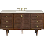 James Martin Vanities Amberly 60" Wall Mounted or Free Standing Single Basin Rubberwood Vanity Set with Stone Composite Top, Rectangular Sink, USB Port(s), and Electrical Outlet(s) Mid-Century Walnut