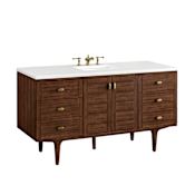 James Martin Vanities Amberly 60" Single Basin Vanity Set with 3cm White Zeus Quartz Vanity Top, Rectangular Sink, USB Port and Electrical Outlet Mid-Century Walnut