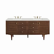 James Martin Vanities Amberly 72" Double Basin Wood Vanity Set with 3cm Lime Delight Silestone Quartz Vanity Top, Rectangular Sinks, USB Port and Electrical Outlet Mid-Century Walnut