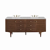 James Martin Vanities Amberly 72" Double Basin Wood Vanity Set with 3cm Victorian Silver Silestone Quartz Vanity Top, Rectangular Sinks, USB Port and Electrical Outlet Mid-Century Walnut