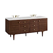 James Martin Vanities Amberly 72" Double Basin Vanity Set with 3cm White Zeus Quartz Vanity Top, Rectangular Sinks, USB Port and Electrical Outlet Mid-Century Walnut