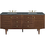 James Martin Vanities Amberly 72" Wall Mounted or Free Standing Double Basin Vanity Set with Parisien Bleu Stone Composite Top, Rectangular Sinks, and FreePower Mid-Century Walnut