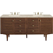 James Martin Vanities Amberly 72" Wall Mounted or Free Standing Double Basin Rubberwood Vanity Set with Solid Surface Top, Rectangular Sinks, USB Port(s), and Electrical Outlet(s) Mid-Century Walnut