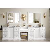 James Martin Vanities De Soto 118" Free Standing Double Basin Vanity Set with Wood Cabinet, 3cm Quartz Vanity Top, USB Port and Electrical Outlet Bright White