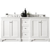 James Martin Vanities De Soto 72" Double Basin Birch Wood Vanity Set with USB/Electrical Outlet and Carrara Marble Vanity Top Bright White