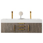 James Martin Vanities Columbia 60" Wall Mounted Double Basin Vanity Set with Cabinet and Stone Composite Vanity Top Ash Gray