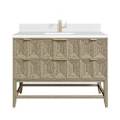 James Martin Vanities Emmeline 48" Single Basin Ash Wood Vanity Set with 3cm White Zeus Silestone Quartz Vanity Top, and Rectangular Sink - Single Faucet Hole Pebble Oak