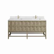 James Martin Vanities Emmeline 72" Double Basin Ash Wood Vanity Set with 3cm White Zeus Silestone Quartz Vanity Top, Backsplash and Rectangular Sinks Pebble Oak