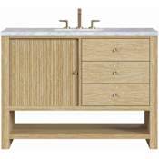 James Martin Vanities Marigot 48" Single Basin Wood Vanity Set with 3cm Carrara White Marble Vanity Top, Rectangular Sink and Electrical Outlet - 8" Faucet Centers Sunwashed Oak