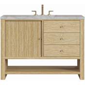 James Martin Vanities Marigot 48" Single Basin Wood Vanity Set with 3cm Victorian Silver Silestone Quartz Vanity Top and Rectangular Sink - 8" Faucet Centers Sunwashed Oak
