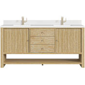 James Martin Vanities Marigot 72" Double Basin Wood Vanity Set with 3cm White Zeus Silestone Quartz Vanity Top, Rectangular Sinks and Electrical Outlet - Single Faucet Hole Sunwashed Oak
