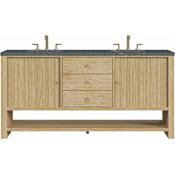James Martin Vanities Marigot 72" Double Basin Wood Vanity Set with 3cm Parisien Bleu Silestone Quartz Vanity Top, Rectangular Sinks and Outlet - 8" Faucet Centers Sunwashed Oak