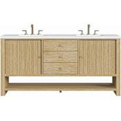 James Martin Vanities Marigot 72" Double Basin Wood Vanity Set with 3cm White Zeus Silestone Quartz Vanity Top, Rectangular Sinks and Electrical Outlet - 8" Faucet Centers Sunwashed Oak