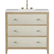James Martin Vanities Celeste 36" Single Basin Wood Vanity Set with 3cm White Zeus Silestone Quartz Vanity Top, and Rectangular Sink - 8" Faucet Centers Sunwashed Oak / Embossed Shagreen