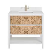 James Martin Vanities Olena 36" Single Basin Wood Vanity Set with 3cm White Zeus Silestone Quartz Vanity Top, Rectangular Sink and USB Port - Single Faucet Hole Polished White / Light Mappa Burl