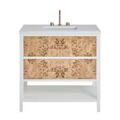 James Martin Vanities Olena 36" Single Basin Wood Vanity Set with 3cm White Zeus Silestone Quartz Vanity Top, Rectangular Sink and USB Port - 8" Faucet Centers Polished White / Light Mappa Burl