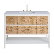 James Martin Vanities Olena 48" Single Basin Wood Vanity Set with 3cm White Zeus Silestone Quartz Vanity Top, Rectangular Sink and USB Port - 8" Faucet Centers Polished White / Light Mappa Burl
