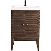 James Martin Vanities Linden 24" Free Standing Single Basin Hardwood Vanity Set with 2" Glossy White Resin Vanity Top and Rectangular Sink Mid Century Walnut
