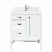 James Martin Vanities Addison 30" Single Basin Wood Vanity Set with 3cm White Zeus Silestone Quartz Vanity Top, Backsplash, Rectangular Sink, USB Port and Outlet Glossy White