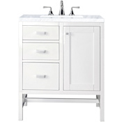 James Martin Vanities Addison 30" Free Standing Single Basin Hardwood Vanity Set with 1-3/16" Carrara White Marble Top, and Electrical Outlet Glossy White