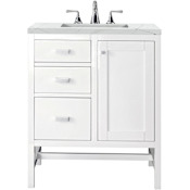 James Martin Vanities Addison 30" Free Standing Single Basin Poplar Vanity Set with 3 cm Ethereal Noctis Quartz Vanity Top, Rectangular Sink, USB Port and Electrical Outlet Glossy White