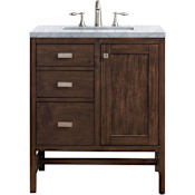 James Martin Vanities Addison 30" Free Standing Single Basin Hardwood Vanity Set with 1-3/16" Carrara White Marble Top, and Electrical Outlet Mid Century Acacia