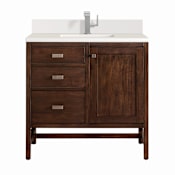James Martin Vanities Addison 36" Single Basin Wood Vanity Set with 3cm White Zeus Silestone Quartz Vanity Top, Backsplash, Rectangular Sink, USB Port and Outlet Mid-Century Acacia