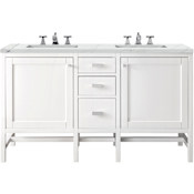 James Martin Vanities Addison 60" Free Standing Double Basin Poplar Vanity Set with 3 cm Ethereal Noctis Quartz Vanity Top, Rectangular Sinks, USB Port and Electrical Outlet Glossy White