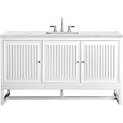 James Martin Vanities Athens 60" Wall Mounted and Free Standing Single Basin Poplar Vanity Set with 3 cm Ethereal Noctis Quartz Vanity Top, Rectangular Sink, USB Port and Electrical Outlet Glossy White
