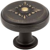 Jeffrey Alexander Lafayette 1-3/8" Round Baroque French Inspired Fleur De Lis Cabinet Knob / Drawer Knob Antique Brushed Satin Brass